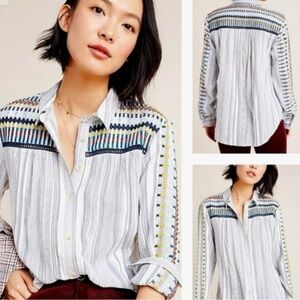 NWT Anthropologie Pilcro The Cate Classic Buttondown Embroidered Stripe Shirt S